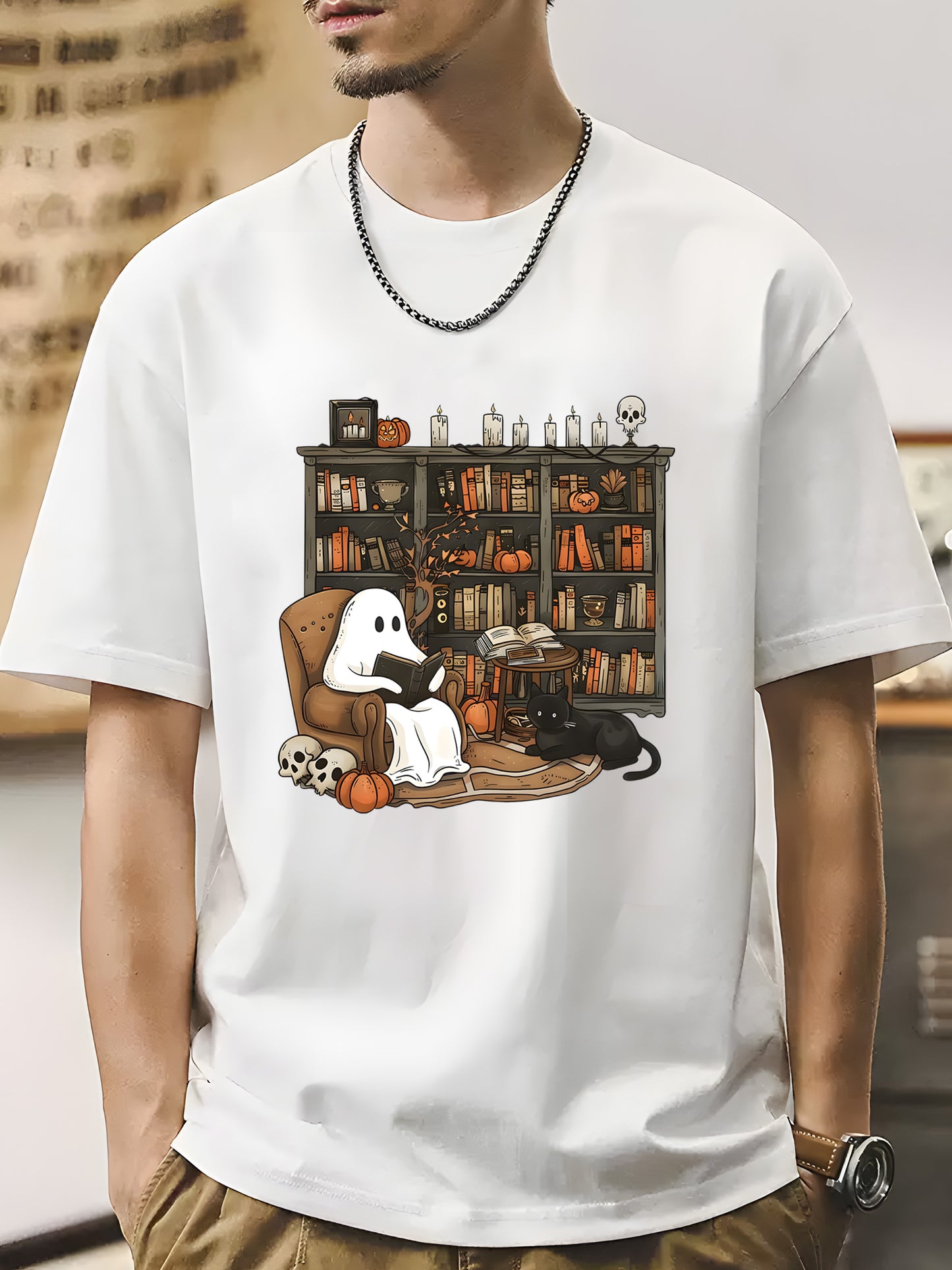 Retro Ghost Reading Books Shirt - Relaxed Fit, Full Size