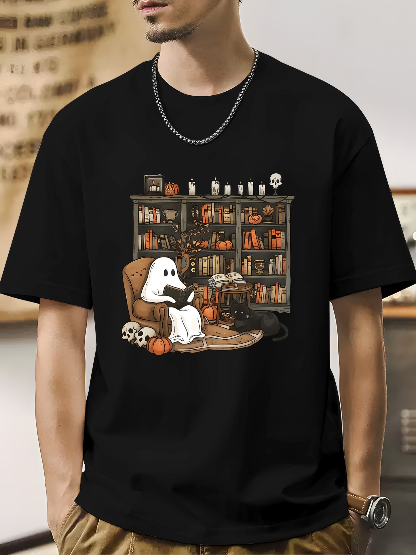 Retro Ghost Reading Books Shirt - Relaxed Fit, Full Size