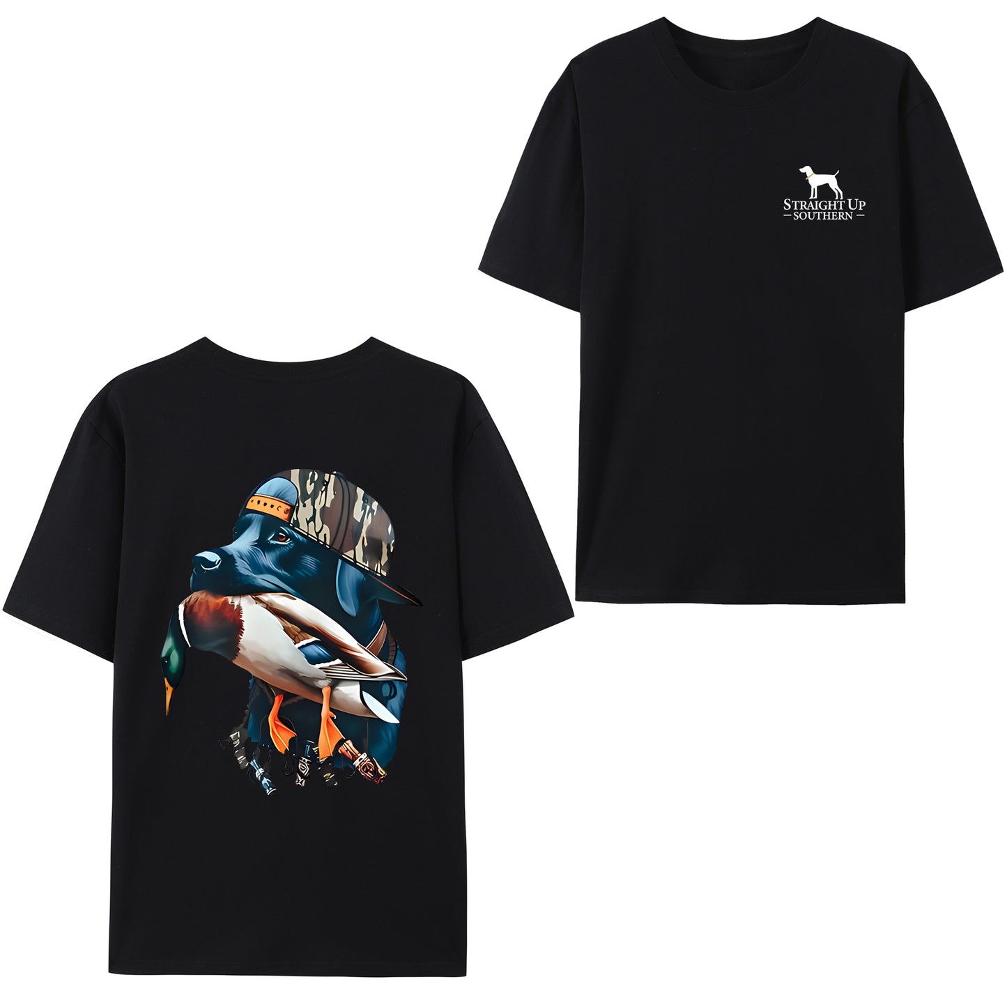 Bold Black Hunting Dog with Duck Shirt - Relaxed Fit, Full Size