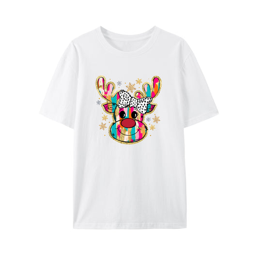 Colourful Reindeer Merry Christmas Coquette Bow Cocoa Candy Cane Cake Gift Xmas Shirt - Relaxed Fit, Full Size