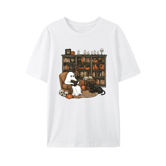 Retro Ghost Reading Books Shirt - Relaxed Fit, Full Size