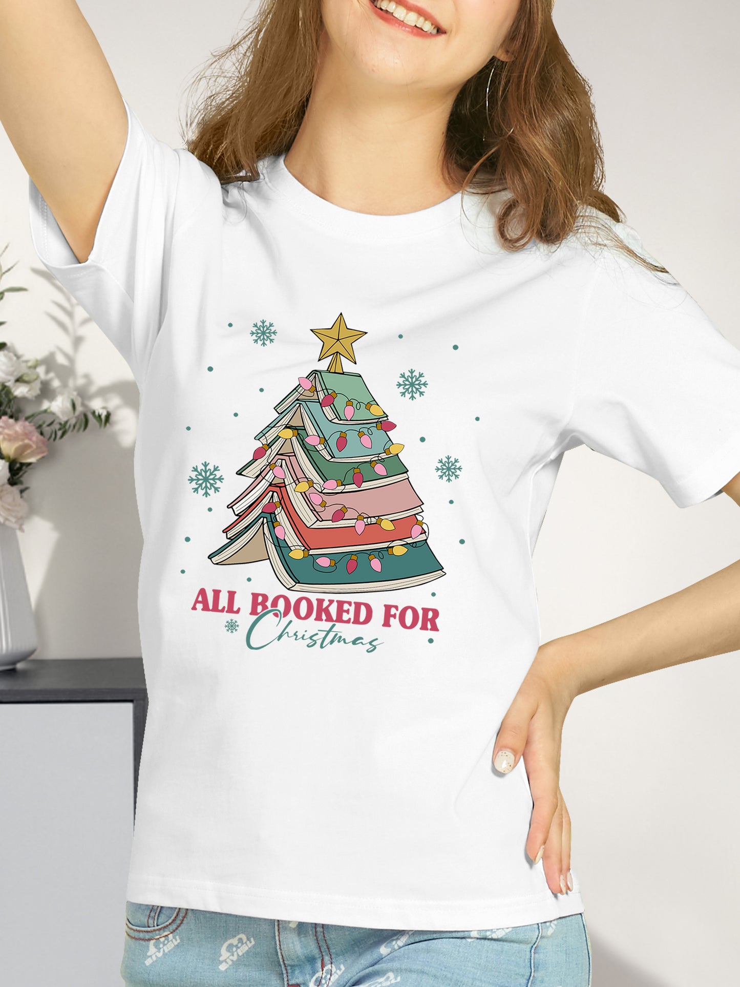 Christmas Themed Books & Letter Print Shirt - Relaxed Fit, Full Size