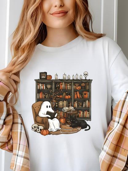 Retro Ghost Reading Books Shirt - Relaxed Fit, Full Size