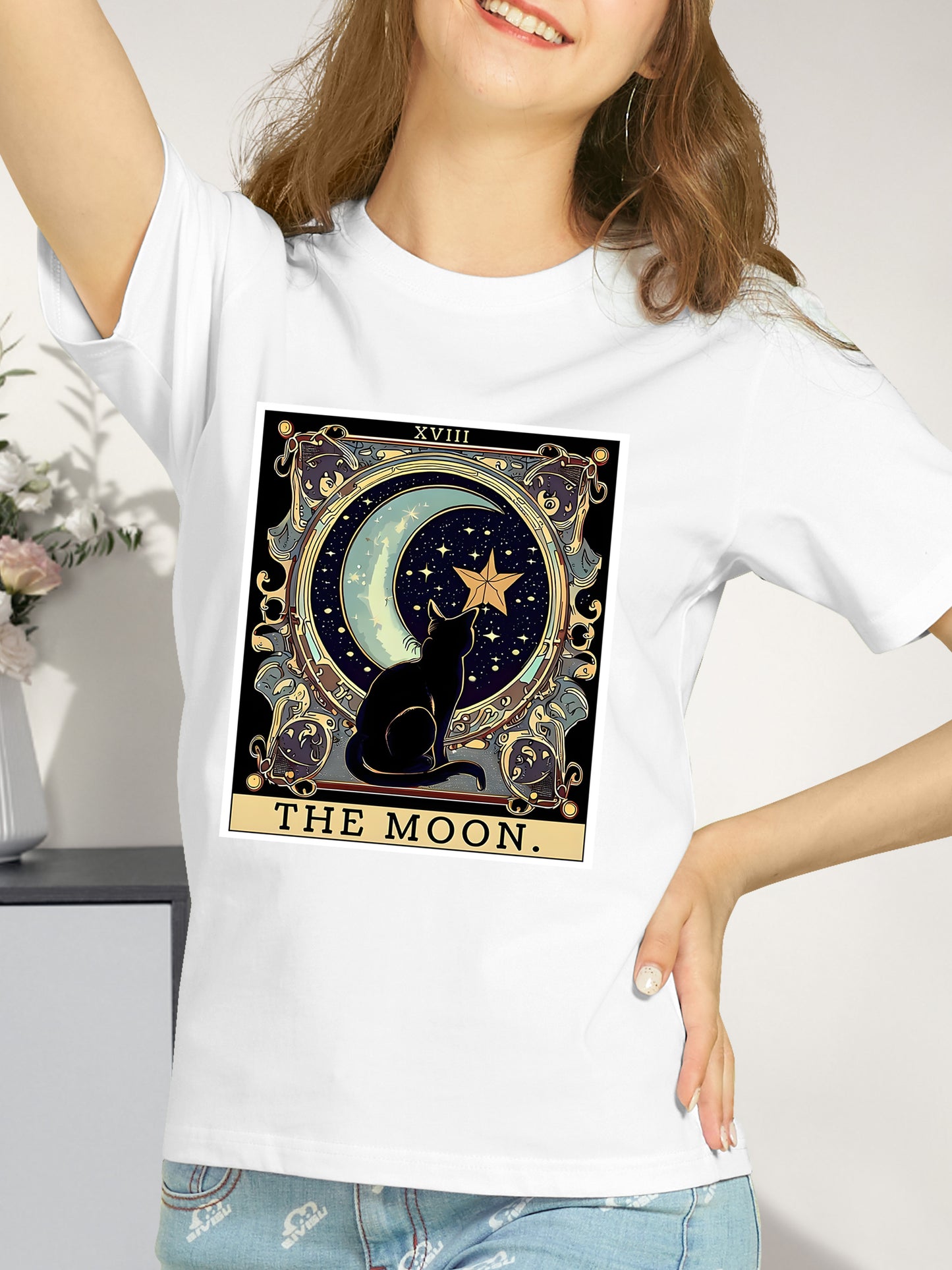 Black Cat Cresent Moon Tarot Card Shirt - Relaxed Fit, Full Size