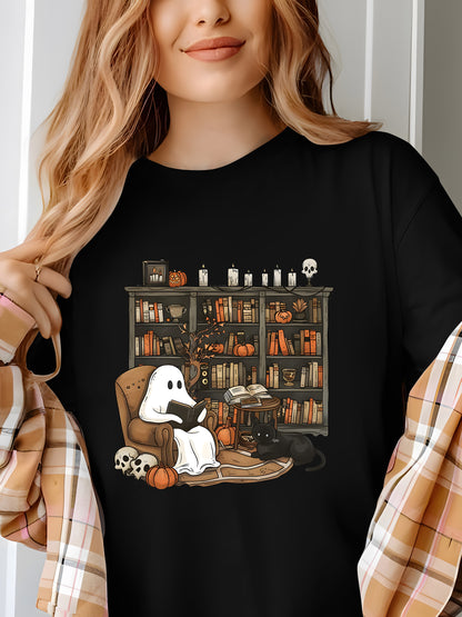 Retro Ghost Reading Books Shirt - Relaxed Fit, Full Size