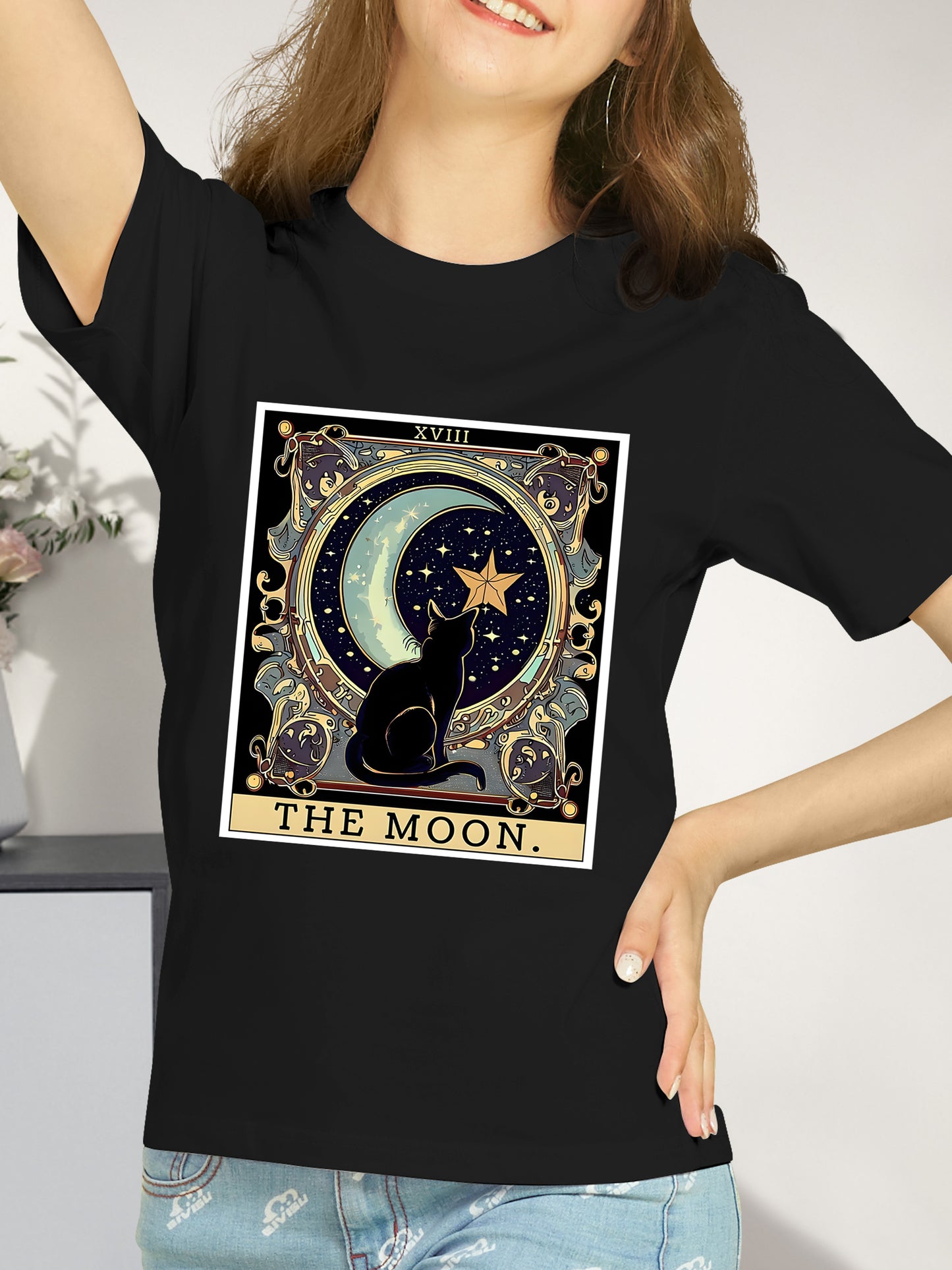 Black Cat Cresent Moon Tarot Card Shirt - Relaxed Fit, Full Size