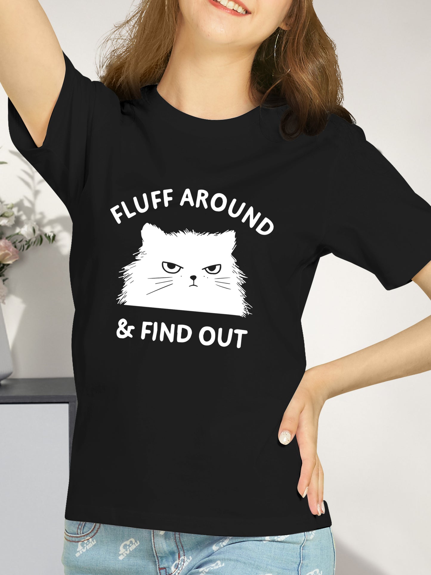 Cat & Letter Shirt - Relaxed Fit, Full Size