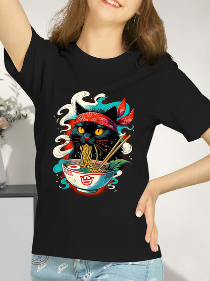 Cat Ramen Japanese Anime Shirt - Relaxed Fit, Full Size