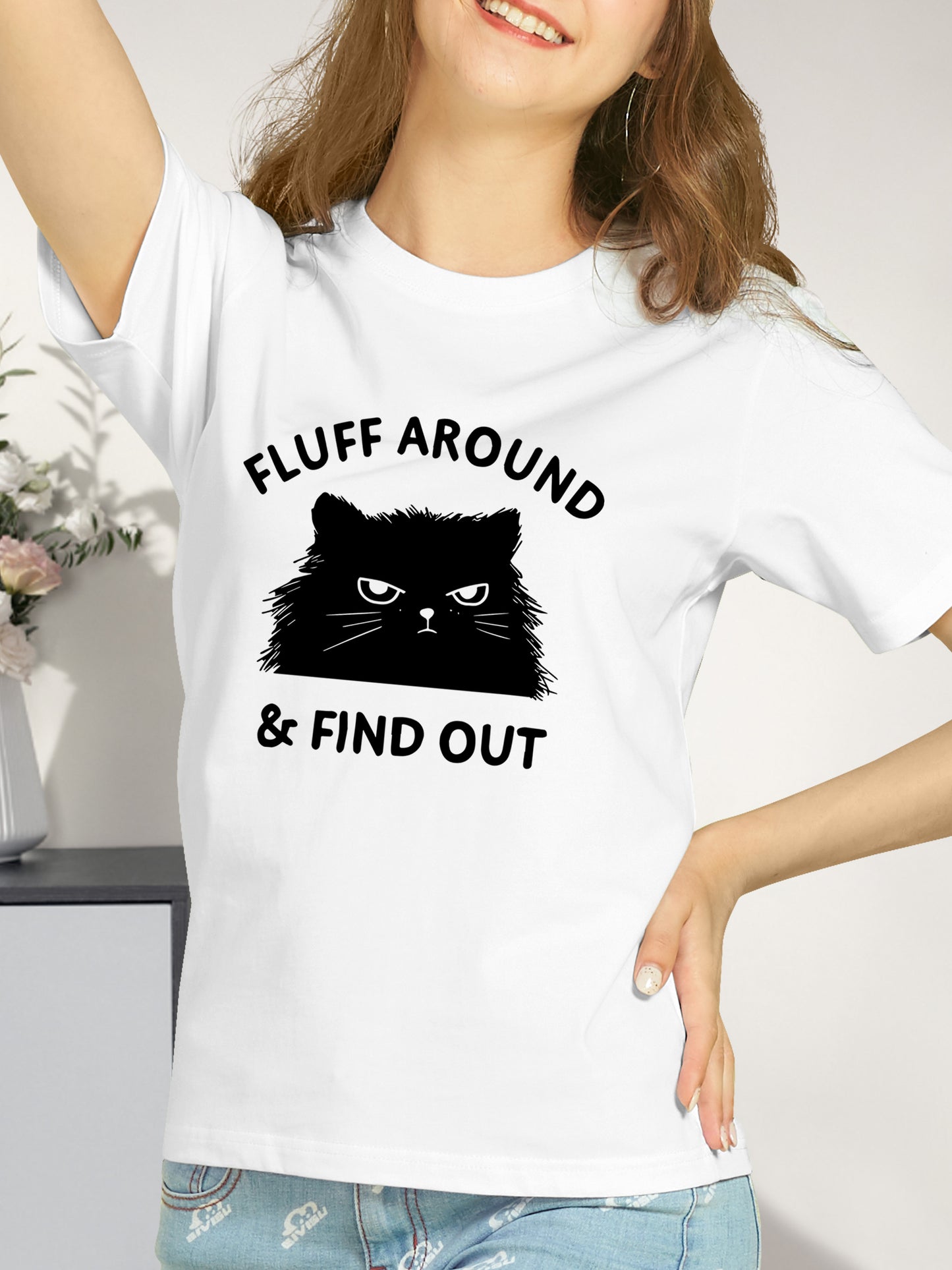 Cat & Letter Shirt - Relaxed Fit, Full Size