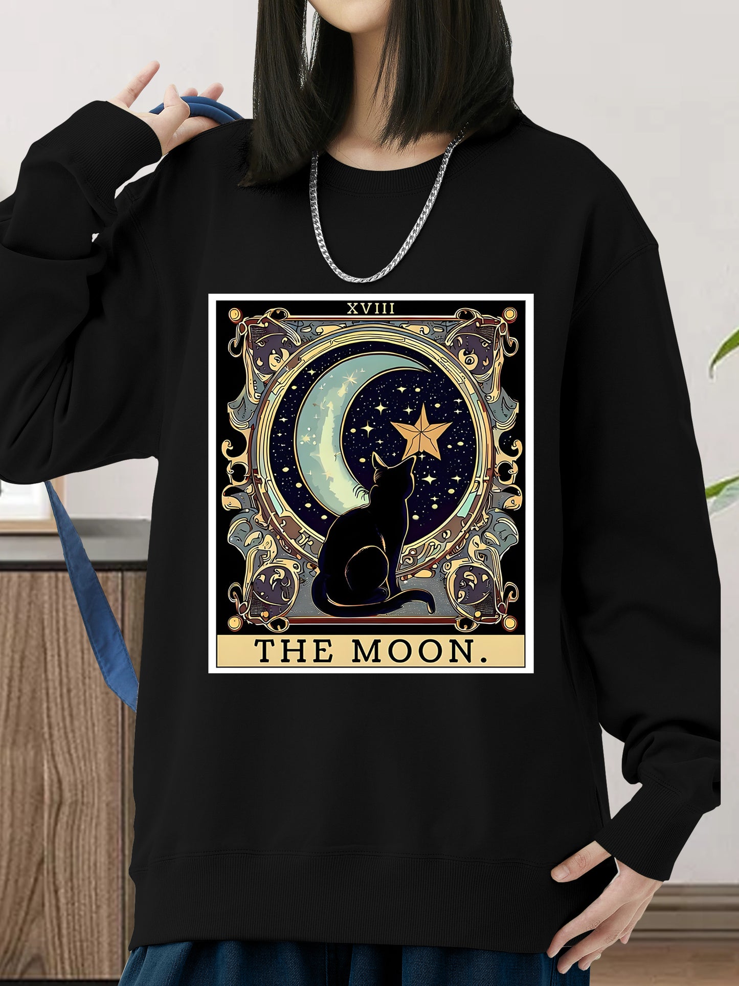 Black Cat Cresent Moon Tarot Card Shirt - Relaxed Fit, Full Size