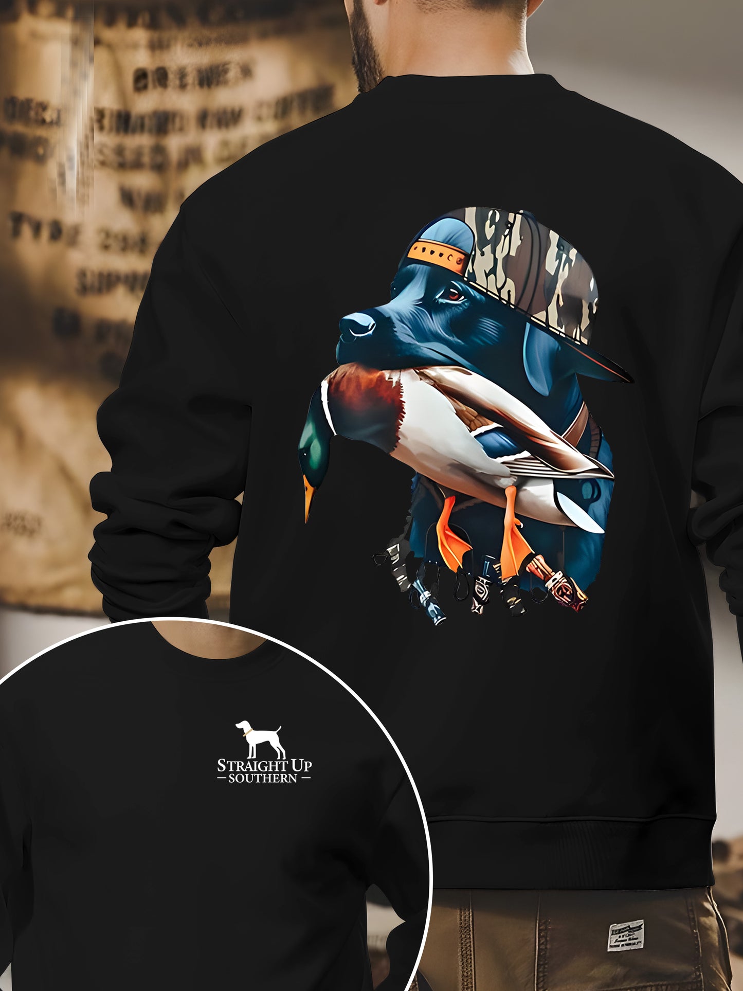 Bold Black Hunting Dog with Duck Shirt - Relaxed Fit, Full Size