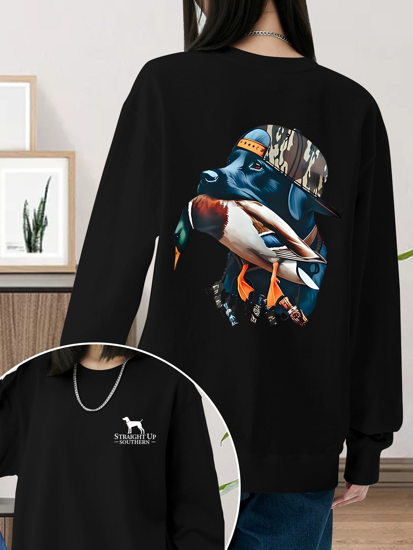 Bold Black Hunting Dog with Duck Shirt - Relaxed Fit, Full Size