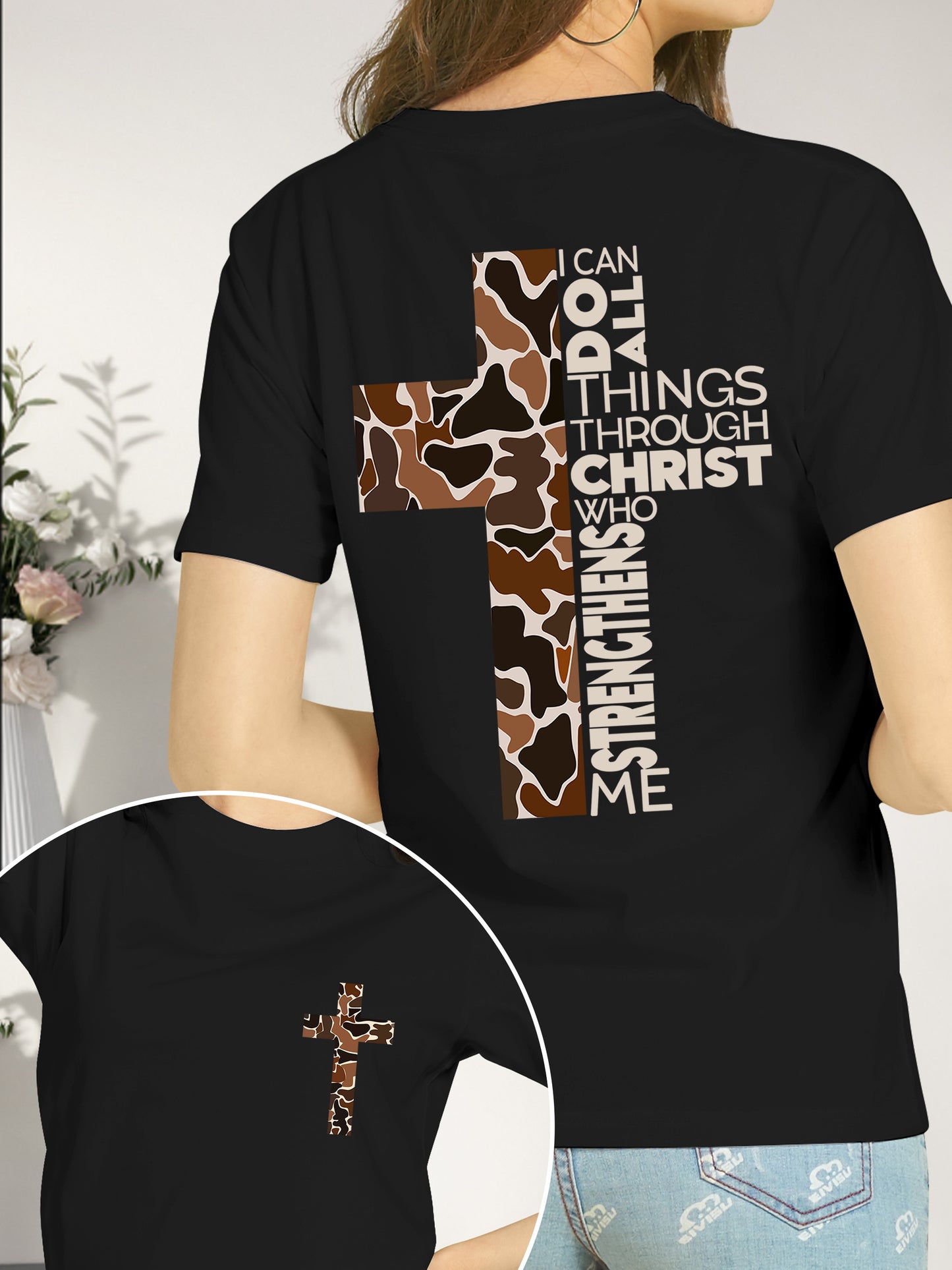 Camo Cross Design with Philippians 4:13 Verse Shirt - Relaxed Fit, Full Size