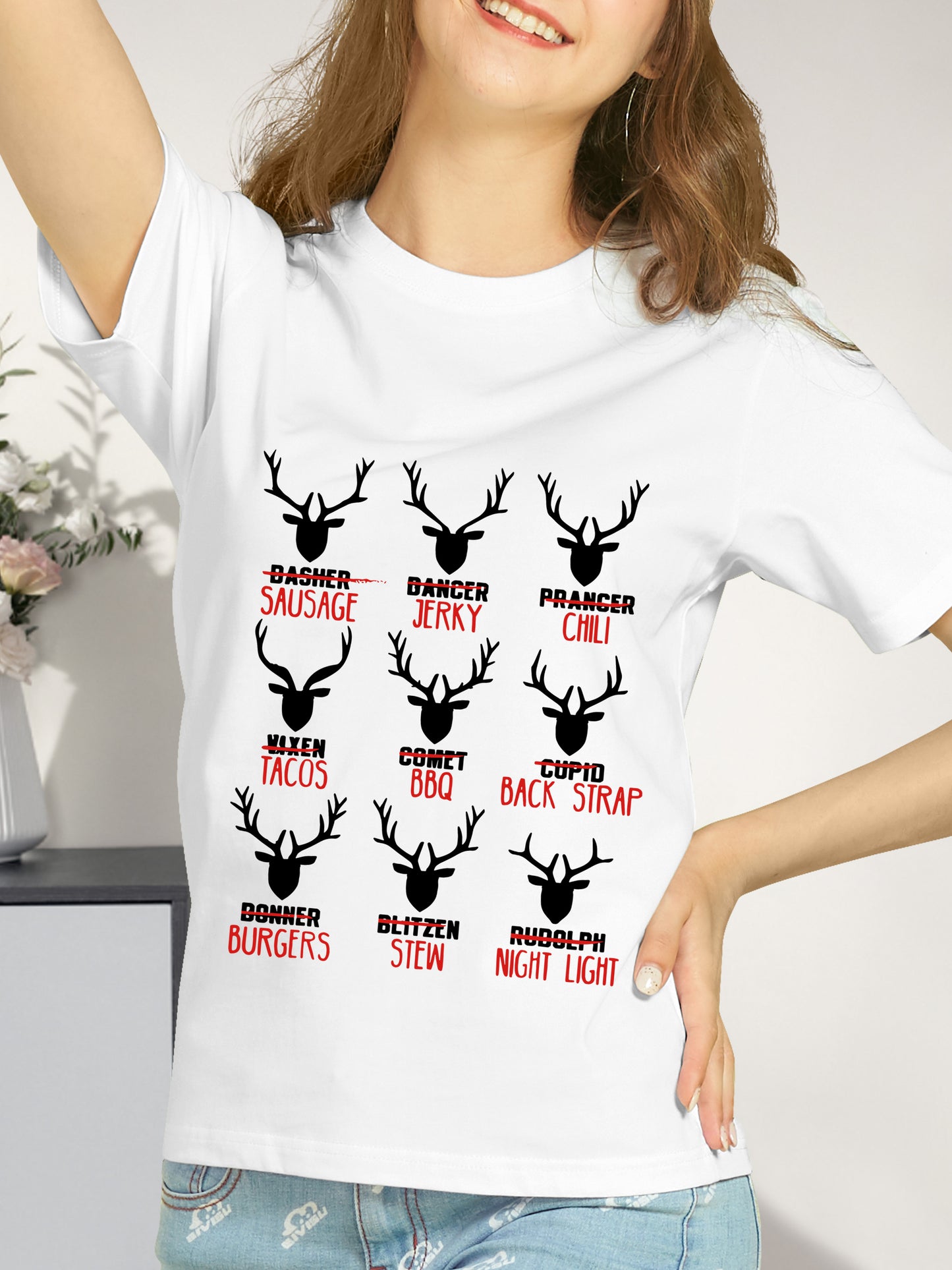 Funny Christmas Deer Hunters All Of Santa's Reindeer Design Shirt - Relaxed Fit, Full Size